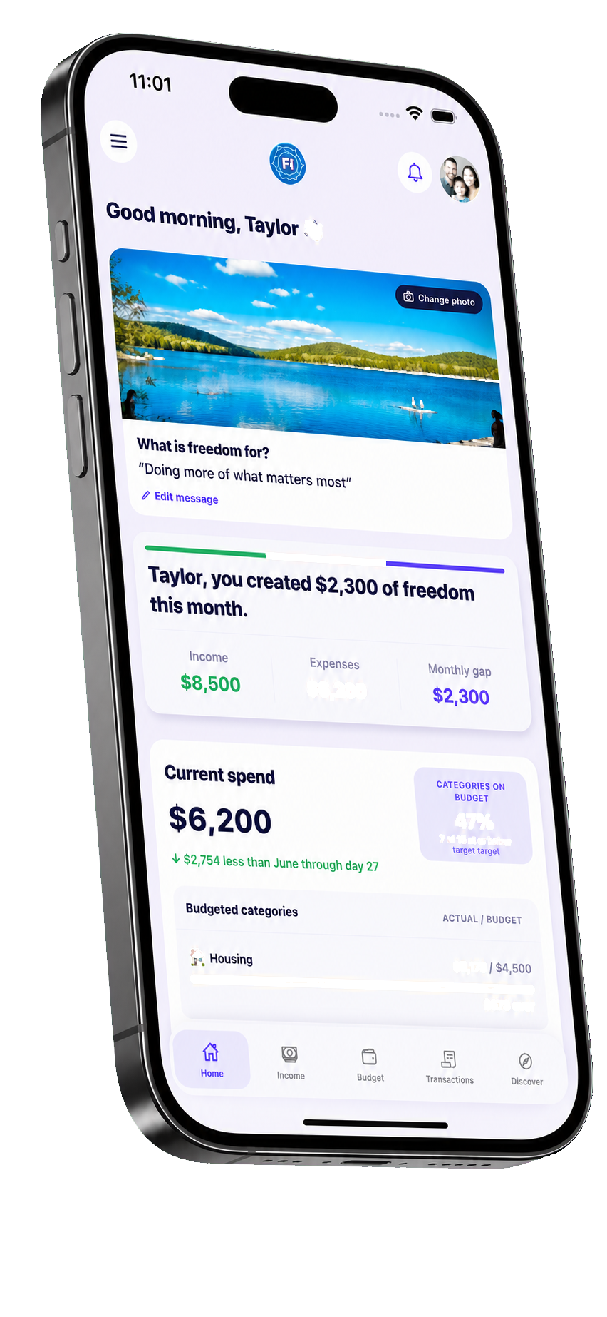 Dollar FI dashboard for a middle-class household displayed on a floating iPhone.